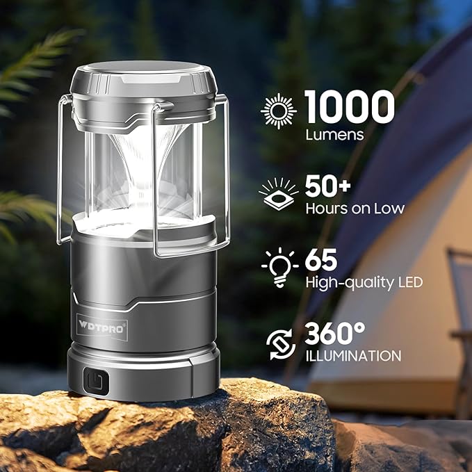 2 Pack Camping Lantern Rechargeable Collapsible, 1000LM 65 LED 3 Light Modes Camping Lights, Stepless Dimming, Waterproof Portable Lanterns for Camping Power Outages Tent Emergency Home Hiking