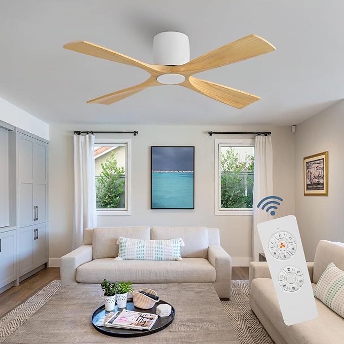 WINGBO Ceiling Fan no Light - 48 inch Solid Wood Flush Mount Ceiling Fan with Remote,4 Reversible Blades, 6-Speed Noiseless Powerful DC Motor, ETL Listed,White+Light Wood