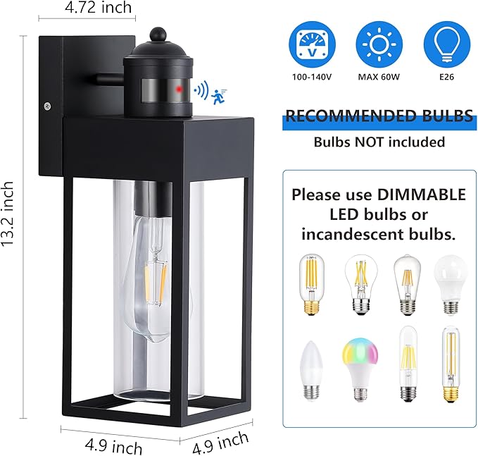 Motion Sensor Outdoor Wall Lanterns 2 Packs, Upgrade Dusk to Dawn Exterior Light Fixture, 3 Lighting Modes, Waterproof Front Porch Lights for Garage Patio Garden House Entryway, Black.