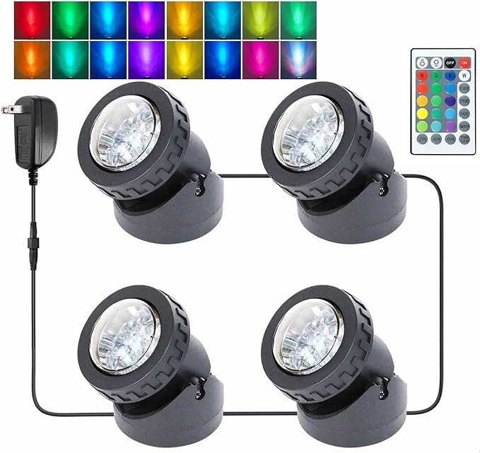 Pond Lights Colored with Timer Submersible LED Fountain Light Spot Lights Waterproof Memory Dimmable Outdoor Spotlights for Yard Landscape Water Pond Fountain Waterfall, 4 in Set