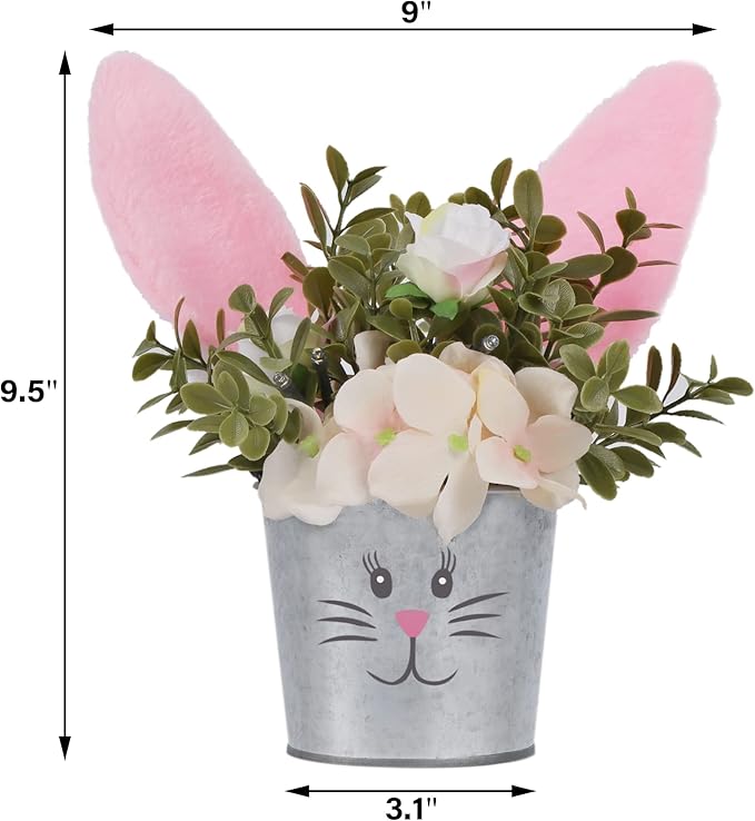 Prsildan Easter Table Decorations Artificial Flower with Bunny Ear, Lighted Desk Decor Bunny Flowers, Easter Tabletop Decorations for Home Table Mantle Office Spring Party