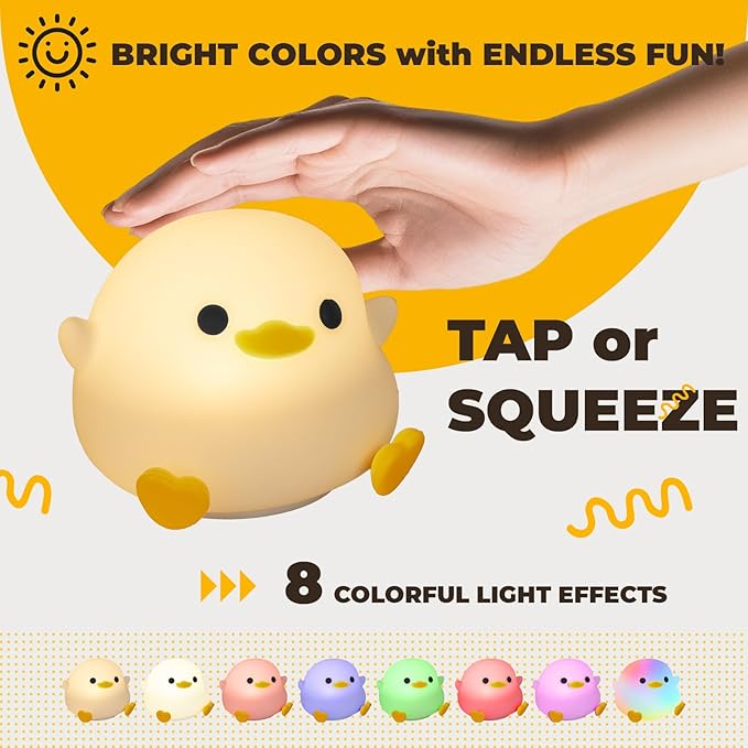 Adorable LED Squishy Animal Night Light - 2 Level Dimmable Nursery Lamp for Kids, Rechargeable Touch Lamp, Cute Dorm Decor - Perfect Baby Boys Girls Gift (Pea Duck)