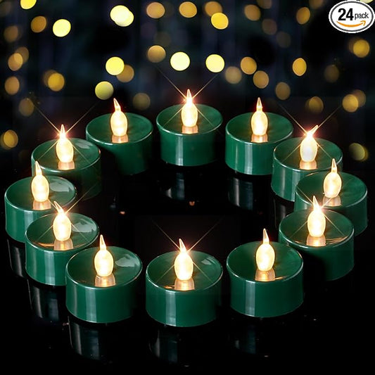Green LED Candles, 24 Pack Tea Lights Candles Battery Operated, Flameless Tealight Candle, Realistic Tea Lights for Halloween Christmas Party Decor Mardi Gras