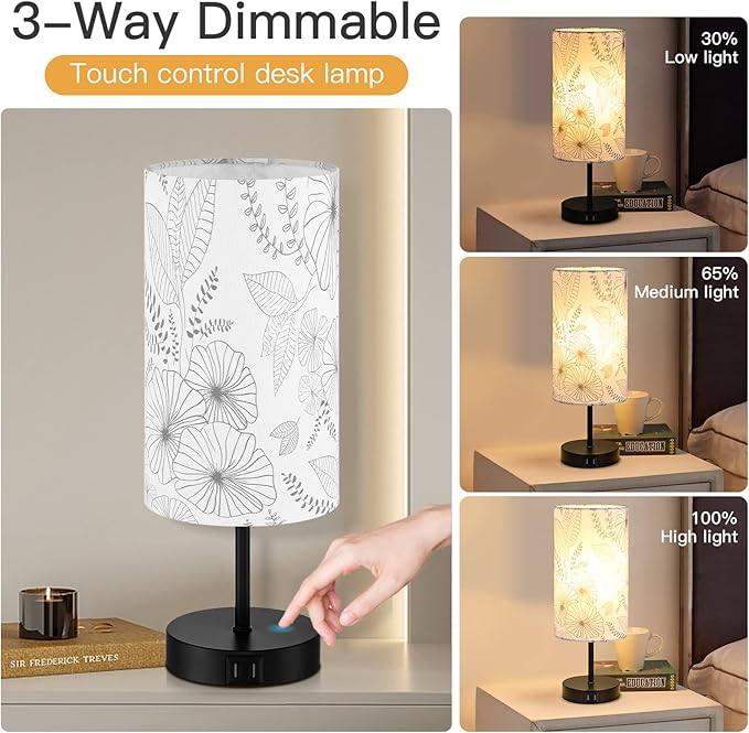 Touch Control Bedside Lamp with 2 USB Ports, 3-Way Dimmable Table lamp for Bedroom, Nightstand Lamp with Round Flower Fabric Shade for Living Room Home Office (E26 LED Bulb Included)
