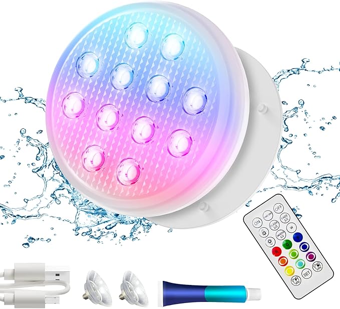 Rechargeable Submersible LED Pool Light With Remote - IP68 Waterproof 16 Colors, 2600mAh Battery, Magnet for Inground Pool, Hot Tub, Pond (1 Pack)