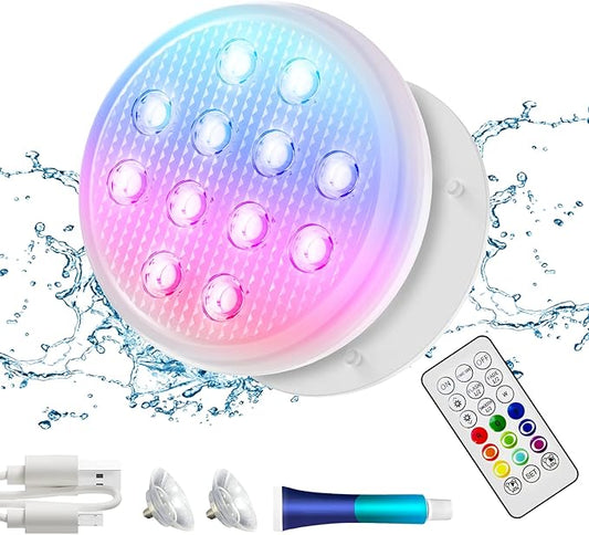 Rechargeable Submersible LED Pool Light With Remote - IP68 Waterproof 16 Colors, 2600mAh Battery, Magnet for Inground Pool, Hot Tub, Pond (1 Pack)