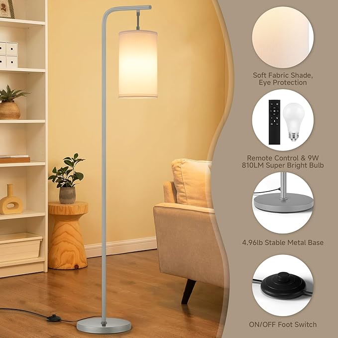 Floor Lamp for Living Room, 9W LED Bulb, Remote Custom Color Temperature & Brightness, Tall Standing Lamps for Bedroom Office, Grey