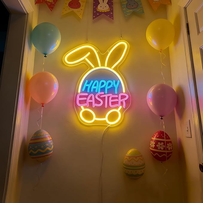 Easter Decorations LED Neon Sign - Happy Easter&Rabbit&Egg Window Lights,USB Power Neon Lamp Home Party Indoor Outdoor Wall Bunny Decor,Light Up Sign for Bedroom,Easter Birthday Party Decorations