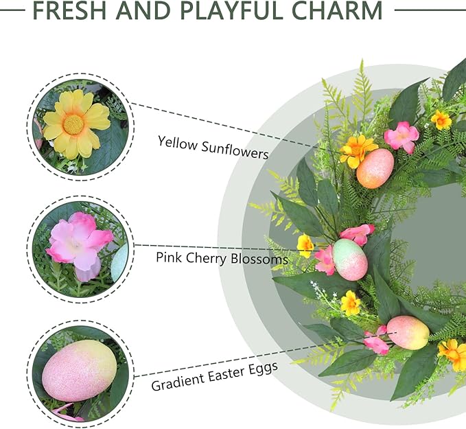 20 Inchs Spring Easter Wreath, Farmhouse Artificial Spring Wreath, Decor with Colorful Easter Eggs, Yellow and Pink Flowers & Green Eucalyptus Leaves, for Door Wall Window Fences