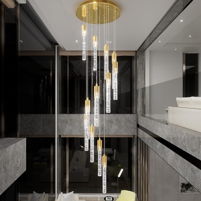 Flashing God Modern Crystal Chandelier Dimmable LED Gold Ceiling Light Crystal Bubble Pendant Lights High Ceiling Chandelier for Living Room Lobby Staircase Chandeliers