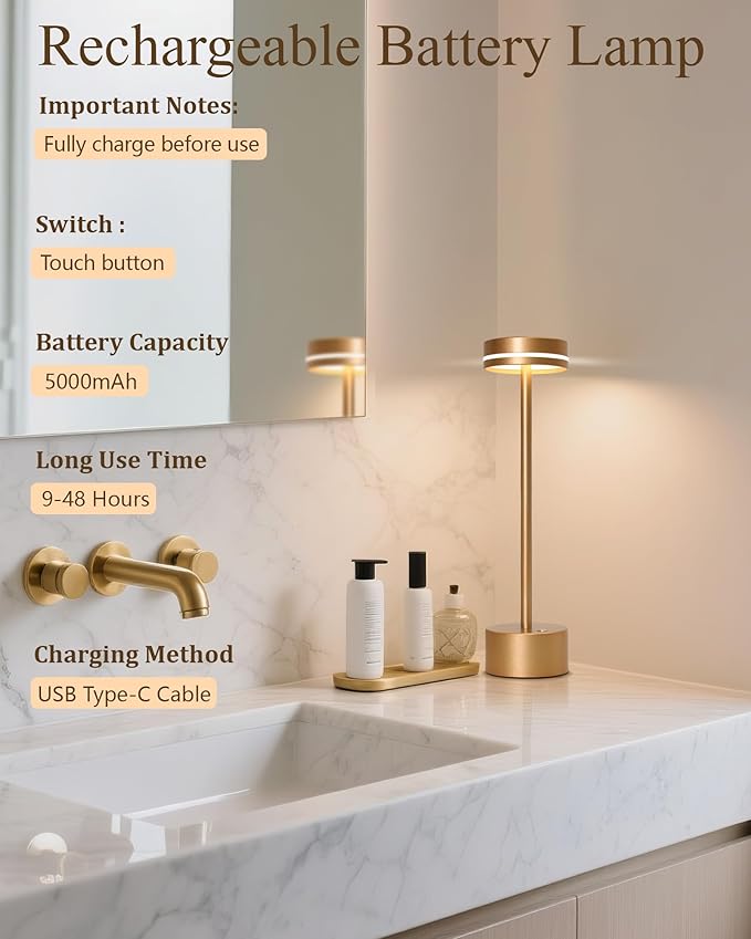 2 Pack LED Cordless Table Lamp Rechargeable, 5000mAh Portable Battery Operated Desk Touch Lamp, 3 Color Dimmable Table Light for Home Office/Dining/Nightstand for Home Décor – Champagne Gold