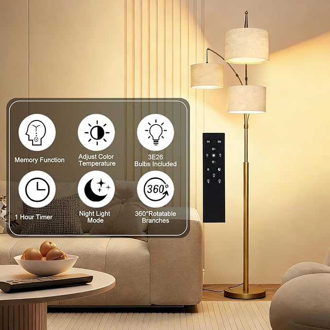 Dimmable Arc Floor Lamp, Gold Pole Standing Lamp with Linen Shade and Heavy Base, Remote Control with Stpeless Color Temperatures and Brightness for Bedroom, Office