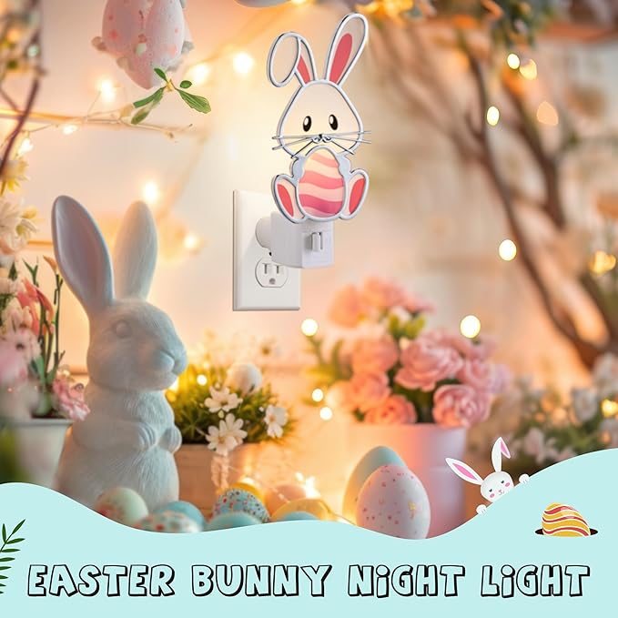 Easter Bunny Night Light Plug Into Wall, Resin Bunny Egg Light Decoration with C7 LED Bulb, Decorative Holiday & Valentine Night Lights for Bedroom Bathroom Living Room