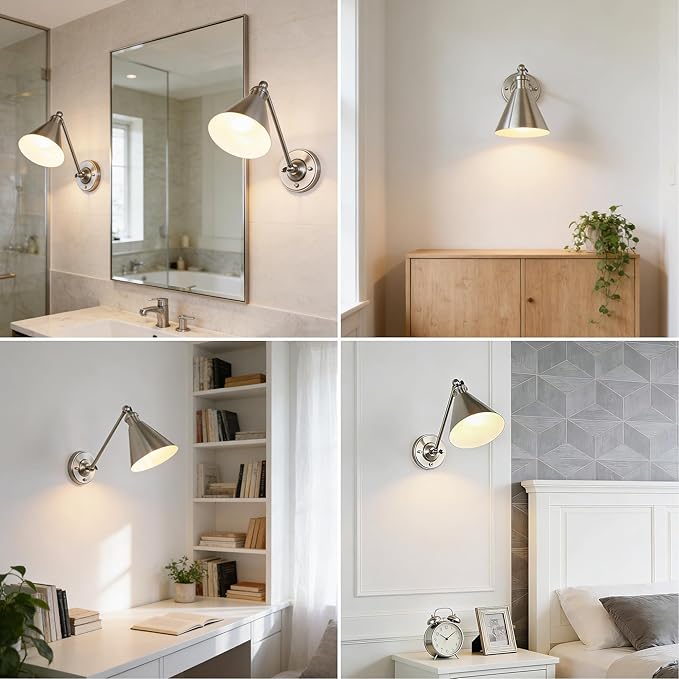 Industrial Vintage Slope Pole Wall Mount Single Sconce with Funnel Flared Metal Shade, Swing Arm Wall Sconce Light Lamp Fixture Hardwired