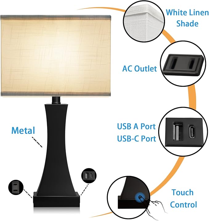 Set of 2 Touch Control Table Lamps 21.6" 3-Way Dimmable Bedside Nightstand Lamp with Type C/USB Charging Port & Outlet Desk Lamp for Living Room Bedroom Office and Hotel Bulb Included
