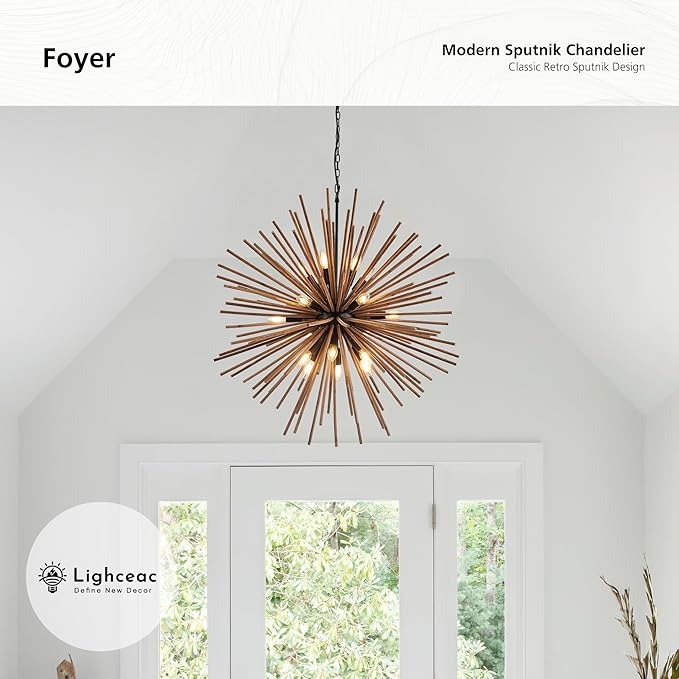 37.4" Farmhouse Sputnik Chandelier for Dining Room Rustic Handmade Natural Wood 18-Light Hanging Ceiling Pendant Light Fixture Starburst Wood Chandeliers for Kitchen Bedroom Foyer Hallway