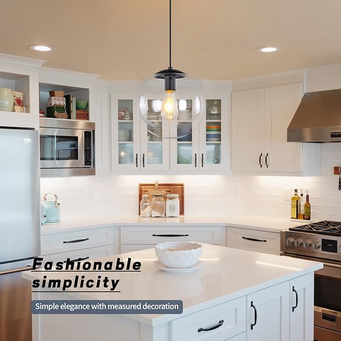 KoKo&Yukina 8 inch Globe Pendant Lighting for Kitchen Island Mid Century Modern Hanging Light Fixture with Clear Globe Glass Black Industrial Hanging Ceiling Lights for Bathroom Entryway (Bulb Incl.)