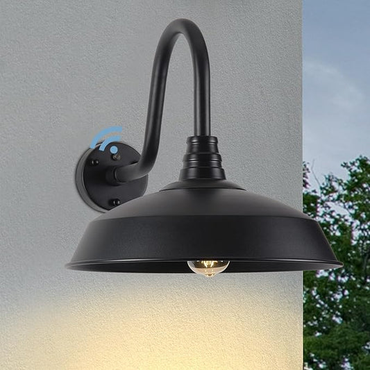 Outdoor Barn Lights with Dusk to Dawn Sensor for Porch, 16in Exterior Light Fixture with Wall Mount, Black Industrial Outdoor Wall Sconces Outside for Barn, Garage, Patio, 1 Pack