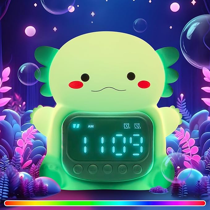 Axolotl Alarm Clock with Night Light for Kids, Rechargeable Silicone Lamp Time to Wake Clock Cute Animal Tabletop Lamp, Perfect Sleep Companion for Boys Girls, Green
