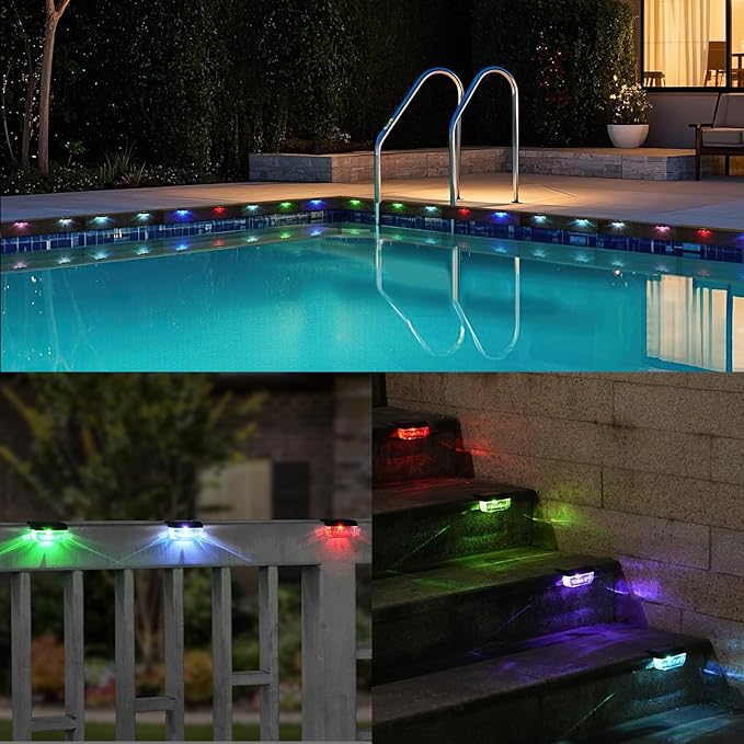 12 Pack Solar Deck Lights, RGB Color Changing Christmas Solar Fence Lights, Waterproof Step Lights for Outside, Step, Fence, Deck, Stair, Pool and Yard