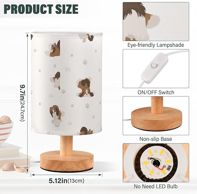 Table Lamp Yoga Shih Tzu Dogs Nightstand Lamp with Wood Base Fabric Lamp Shade Bedside Desk Lamp for Living Room Bedroom Kids Room Office