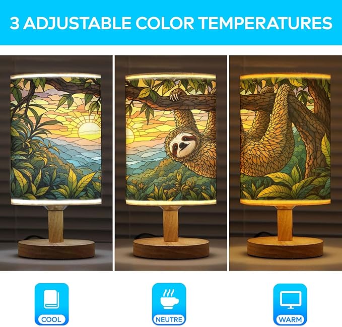 Sloth Table Lamp LED 3-Color Pressed Bedside, Sloth Shade Lamp with Wood Base for Bedroom Living Room Desk Office TL01