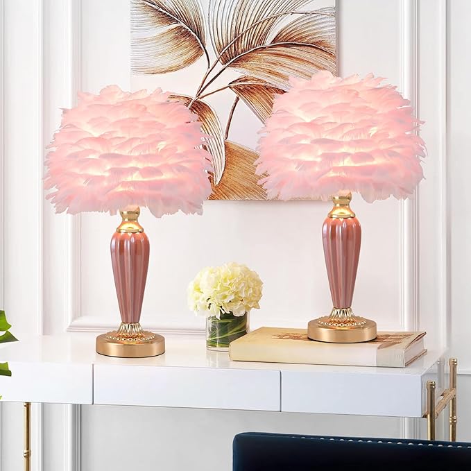 Pink Feather Lamp Creative Bedside Lamp Feather Table Lamp Cute Furry Goose Nightstand Light for Girl Bedroom Wedding Decor Living Room Hotel Office Valentines Dating Gift