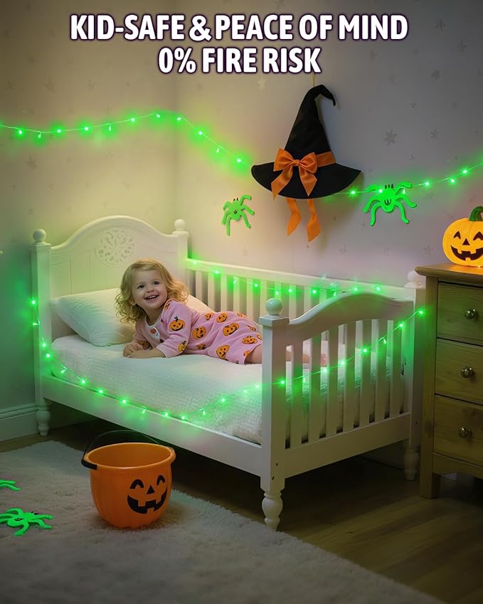 Halloween Lights Battery Operated, Green Fairy Lights with Timer Waterproof 16.4ft 50 LED Halloween Decorations for Outdoor Indoor Patio Home Party Garden Yard Decor 2 Packs