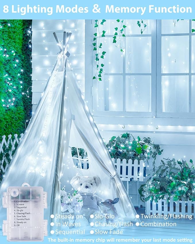 2 Pack 200LED Christmas Battery Operated Fairy Lights with Remote, 8 Modes String Lights with Timer, Dimmable, Memory Function, Waterproof Twinkle Lights for Outdoor Indoor Christmas Decor(Cool White)