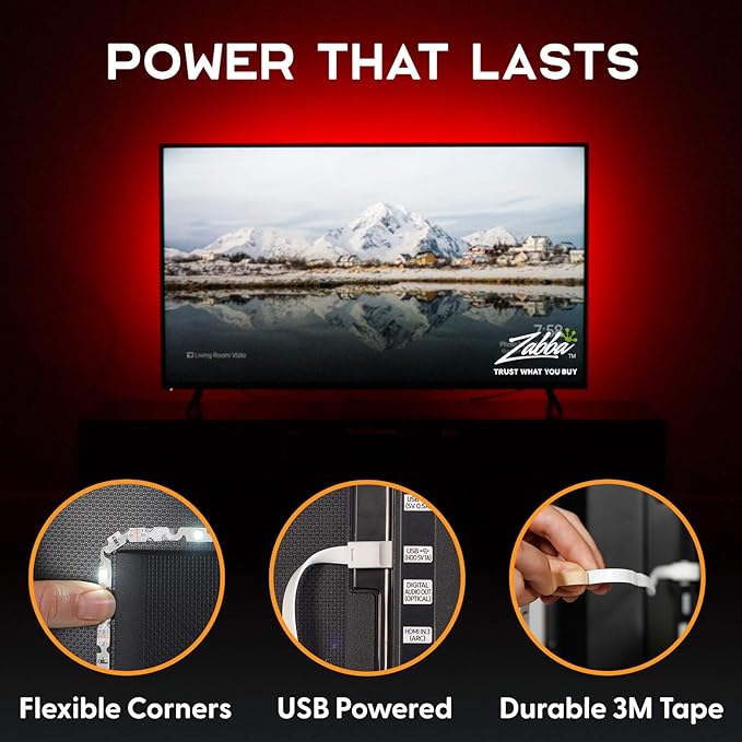 Power Practical LED Lights for TV in Living Room or Bedroom, Luminoodle Backlight, USB Powered Strips w/Remote for 15 Ambient Color Bias Lighting Options & 10 Brightness Modes, Size (41"-59" TV)
