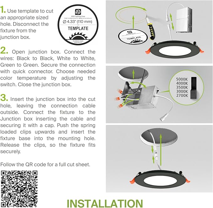 ASD 6 Pack LED Recessed Lighting 4 Inch 9W, 5 CCT 2700K-5000K CRI90+, IC Rated Ultra Thin Dimmable Ceiling Lights with J Box, Canless Wafer Downlight, Round Slim Panel Light, Energy Star ETL, Black