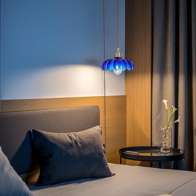 Pendant Lights Kitchen Island:Vintage Blue Pendant Light Fixtures Glass Small Pendant Light Dining Room, Blue Hanging Lamps for Living Room, Schoolhouse, Entryway, Foyer, E26