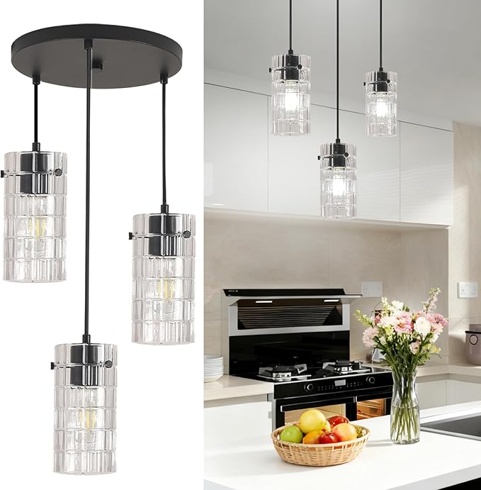Black Glass Pendant Lights, Pendant Light Fixtures, Pendant Lights for Kitchen Island Living Room,with Meatel Adjustable Hanging Rod,(3 Lights)