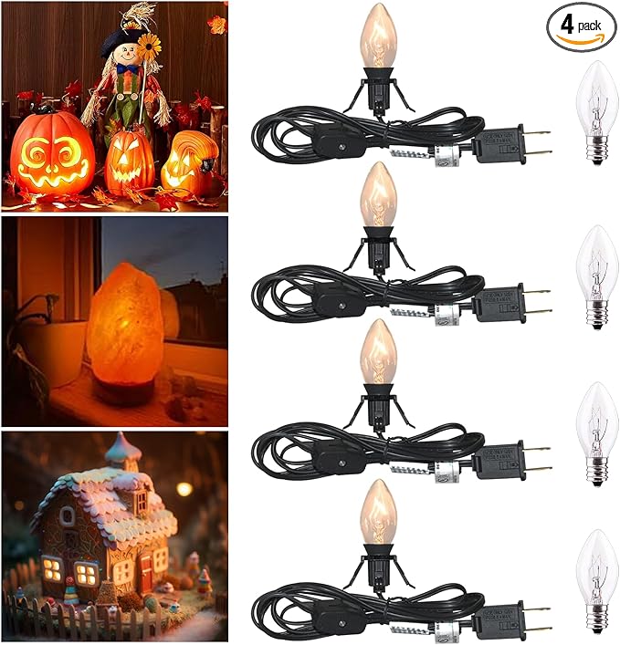 4 Pack Black Accessory Cord with 8Pcs C7 Bulbs (4 for Spare), 6 Feet Clip-in Lamp Cord with On/Off, Light up Halloween Xmas Decor - Lights for Pumpkin Christmas Village House Salt Lamp & Blow Mold