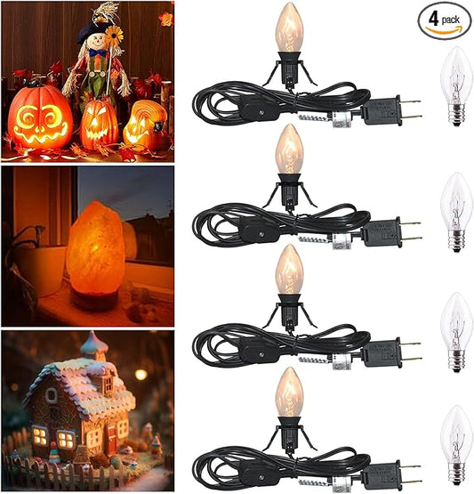 4 Pack Black Accessory Cord with 8Pcs C7 Bulbs (4 for Spare), 6 Feet Clip-in Lamp Cord with On/Off, Light up Halloween Xmas Decor - Lights for Pumpkin Christmas Village House Salt Lamp & Blow Mold