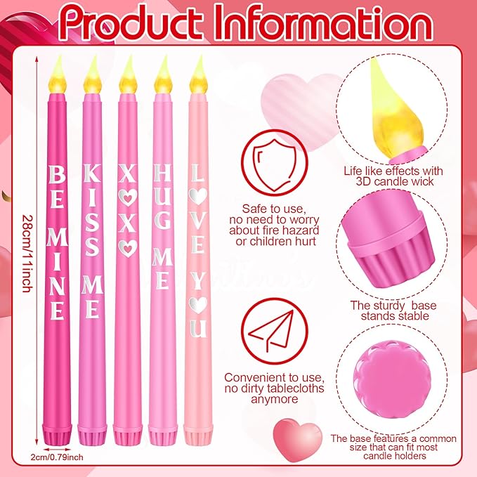 5 Pcs Valentines Day LED Flameless Candle Set Valentine Day Conversation Flameless Taper Candles with Words Battery Operated Seasonal Celebration with Remote for Wedding Romantic Night