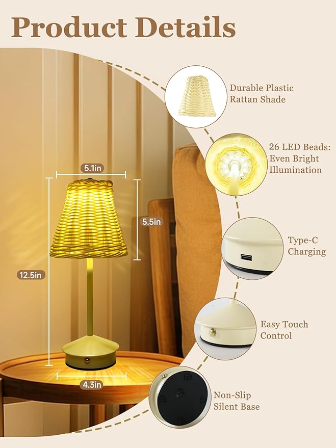 Boho Rattan Table Lamp, Cordless Wicker Woven Vintage Table Lamp - LED Rechargeable Touch Control 3 Color Dimmable Reading Bedside Lamp for Bedroom Living Room Office, Home Outdoor Decor (White-4)
