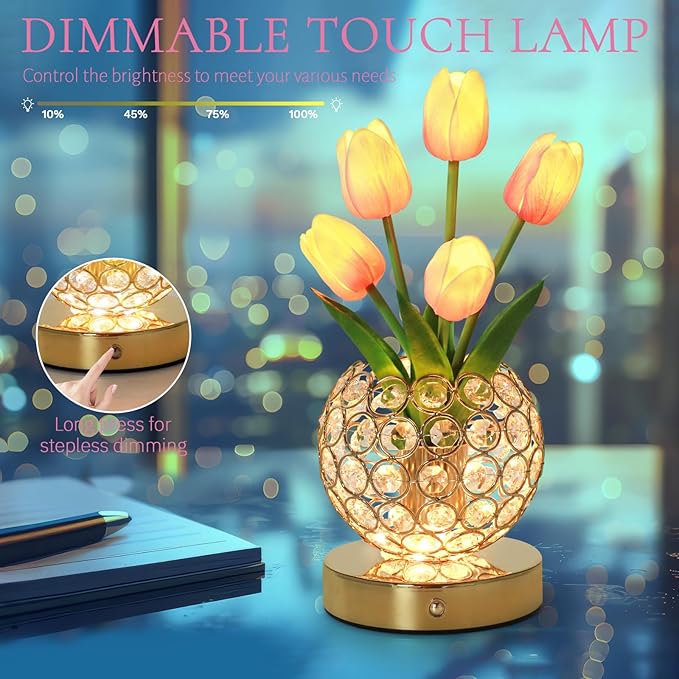 Tulip Table Lamp, Rechargeable Cordless Crystal Night Light, 3 Colors Touch Stepless Dimming Artificial Flower Light, LED Flower Bedside Lamp Romantic Gifts for Girl Women Mom (Tulip2 - Pink)
