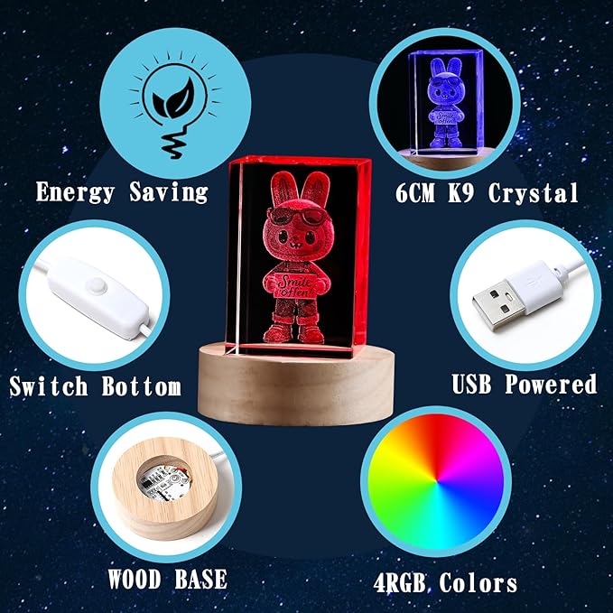 Crystal Ball Night Light, 3D Easter Bunny Crystal Ball Decor, Laser Engraved Glass Sphere with Wooden Base, USB LED Night Light for Bedroom Desk