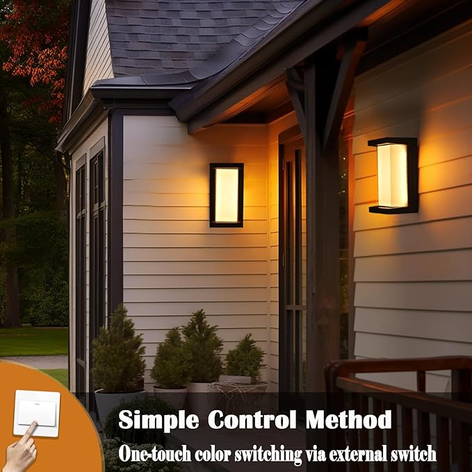 Black Outdoor Light Fixtures Wall Mount, IP65 Waterproof Porch Lights Outdoor Wall Sconce, 2 Pack Rectangular Modern Exterior Lighting Fixtures for House Front Door,3-Color Temperature