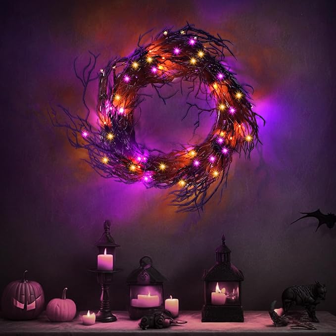 [ 8 Modes & Timer ] 6 Ft 45 LED Halloween Willow Vine Twig Garland Decorations Orange & Purple Lights, Battery Operated Waterproof Halloween Decorations for Home Wall Fireplace Mantle Decor