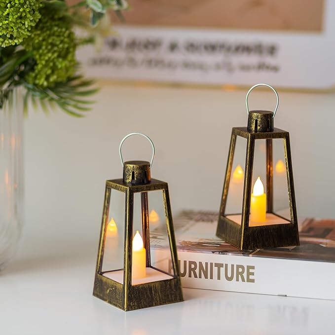 Romadedi Mini Decorative Lantern for Centerpieces - 10 Pcs Small Gold Candle Lanterns with Flickering LED Candles for Wedding Table Decor Christmas Party Halloween, Battery Included