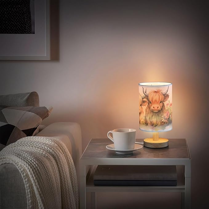 Bedside Table Lamp Cute Highland Cows Flower Nightstand Lamp with Wood Desk Lamps for Bedroom Living Room Nursery Office Home Decor