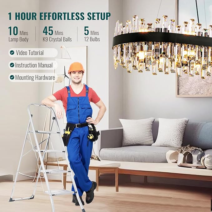 Siljoy Modern Crystal Chandelier Luxury Black 2-Tiers Raindrop Chandelier Adjustable Oval K9 Crystal Ceiling Light Fixture for Dining Room Kitchen Island Bar L35.4'' x W15.7'' x H9.8'', E12 x 16