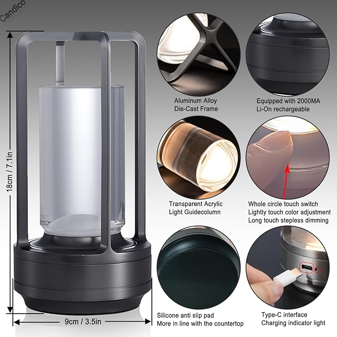 Cordless Table lamp Rechargeable Portable Metal Touch Small Desk Lamp,Indoor/Outdoor Battery Operated LED Night Light,3Color Stepless Dimming Crystal Lantern Suitable bedrooms,Bars,cafes,Camping,Black