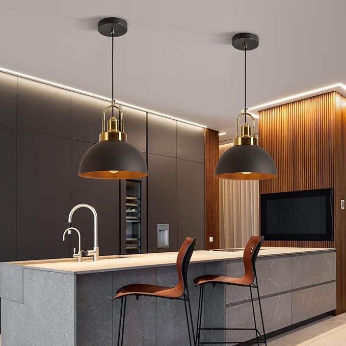 Vintage Industrial Pendant Light Black Pendant Light with 9.84-inch Dome and Brass Socket, 78.74-inch Wire – Perfect for Kitchen Island, Dining Room, Hallway, Bedroom, Living Room
