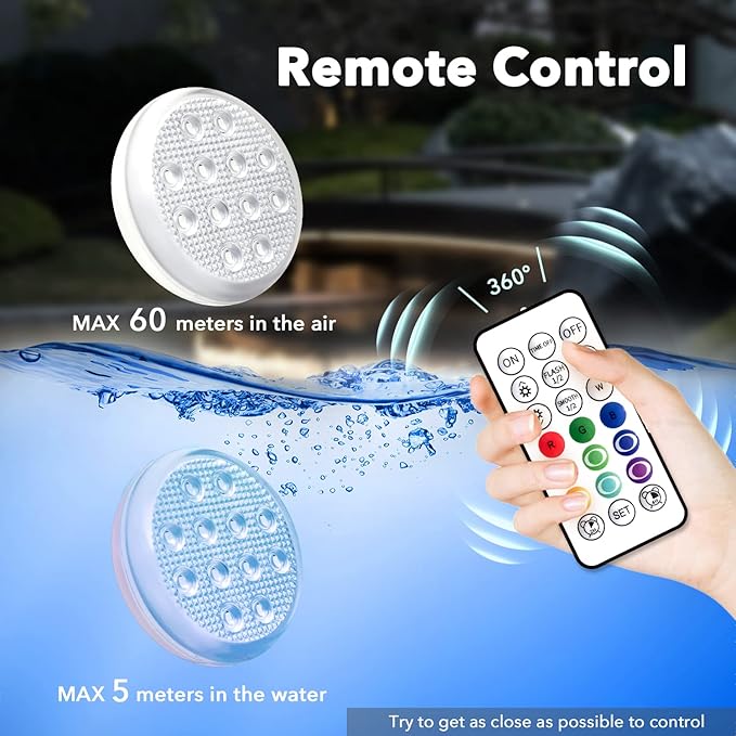 Geekman Rechargeable Underwater LED Lights with Remote, IP68 Waterproof 16-Color Ambient Pool Lights, USB-C Powered with Integrated Battery, Featuring Magnets/Suction Cups (1Pack)