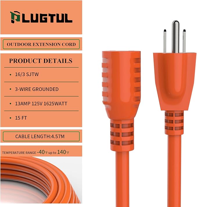 Outdoor Extension Cord 15 FT Waterproof, 16/3 Gauge Heavy Duty 3 Prong Extension Cord, 13A 1625W SJTW, ETL Listed, Great for Garden and Home, Orange