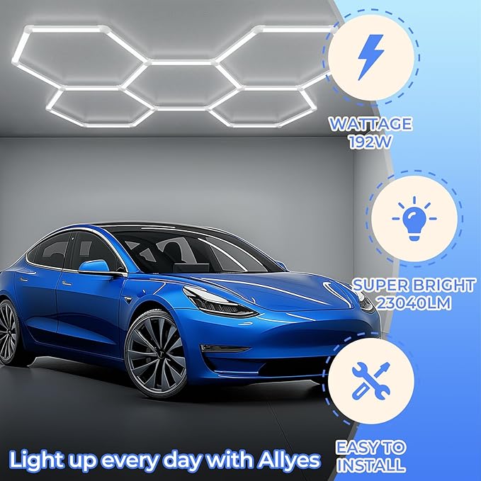 ALLYES Hexagon Garage LED Lights, Hex Ceiling Lights 200W 25650LM 6500K, Color Temperature Adjustable LED for Workshop Basement Gym Warehouse