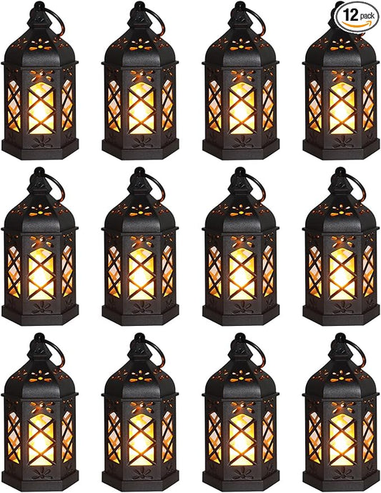 12-Pack Mini Lanterns, Small Candle Lanterns Decorative, Black Tea Light Lantern, Ramadan Eid Decor, Table Centerpiece for Wedding Halloween Christmas, Easter Decorations, Battery Included